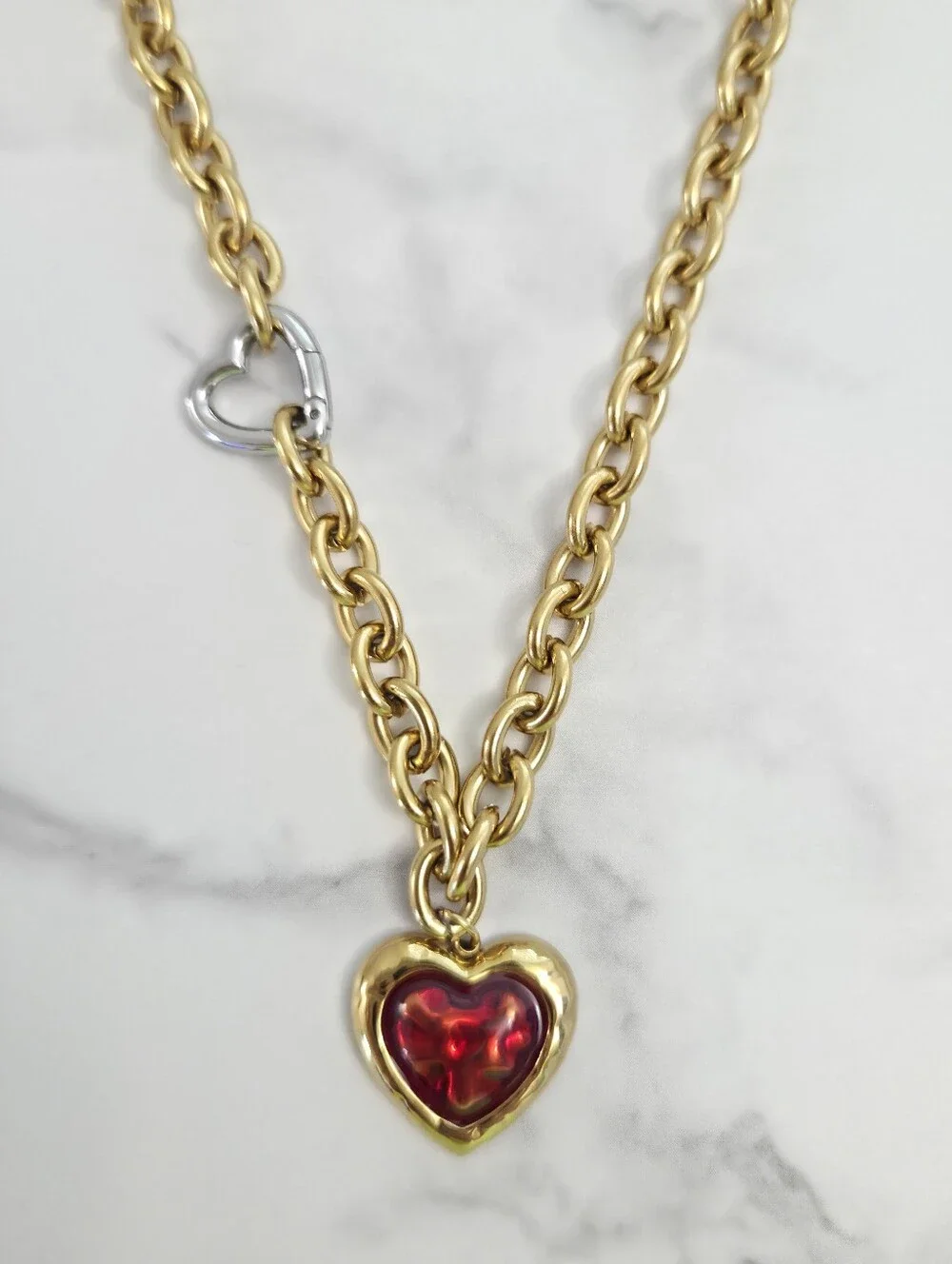Gold Chunky Chain Necklace with Red Heart Pendant & Heart Carabiner Clasp